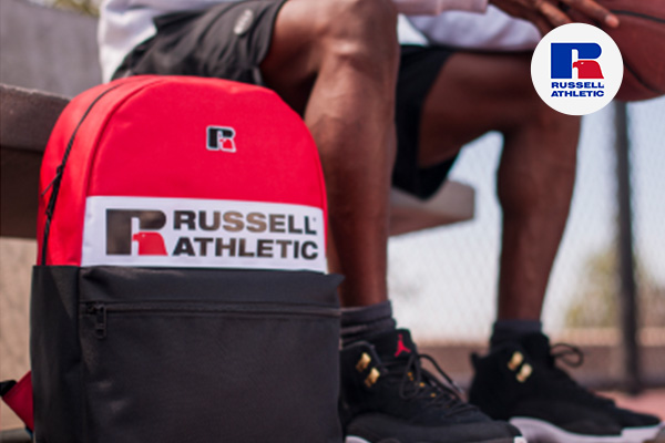 Russel Athletic backpack lifestyle image with Russel Athlelic logo